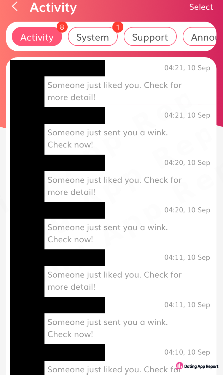 Activity tab lists "Someone just liked you" and "sent you a wink" alerts; sender names and photos are redacted.