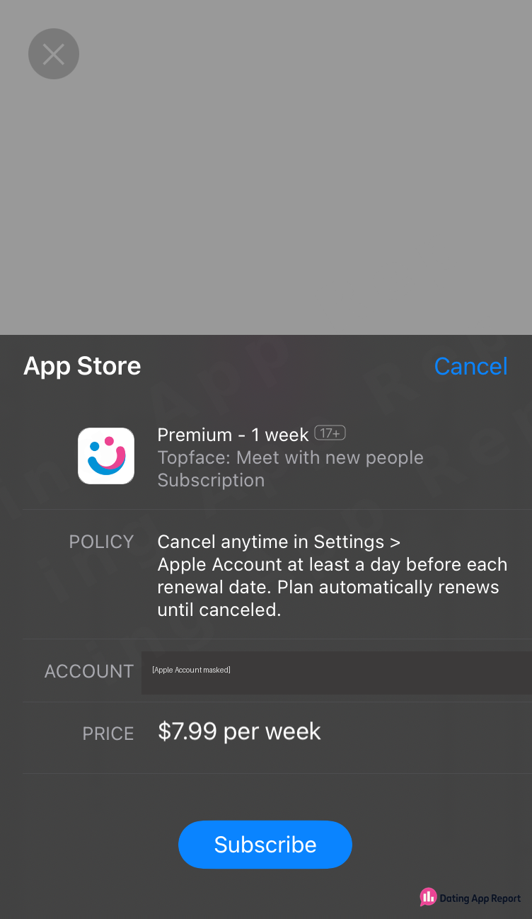 App Store purchase sheet showing Premium - 1 week at $7.99 per week.