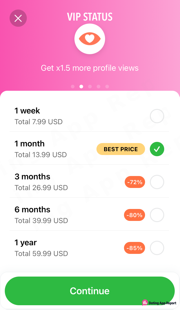 VIP plan picker showing one week for a total of 7.99 USD.