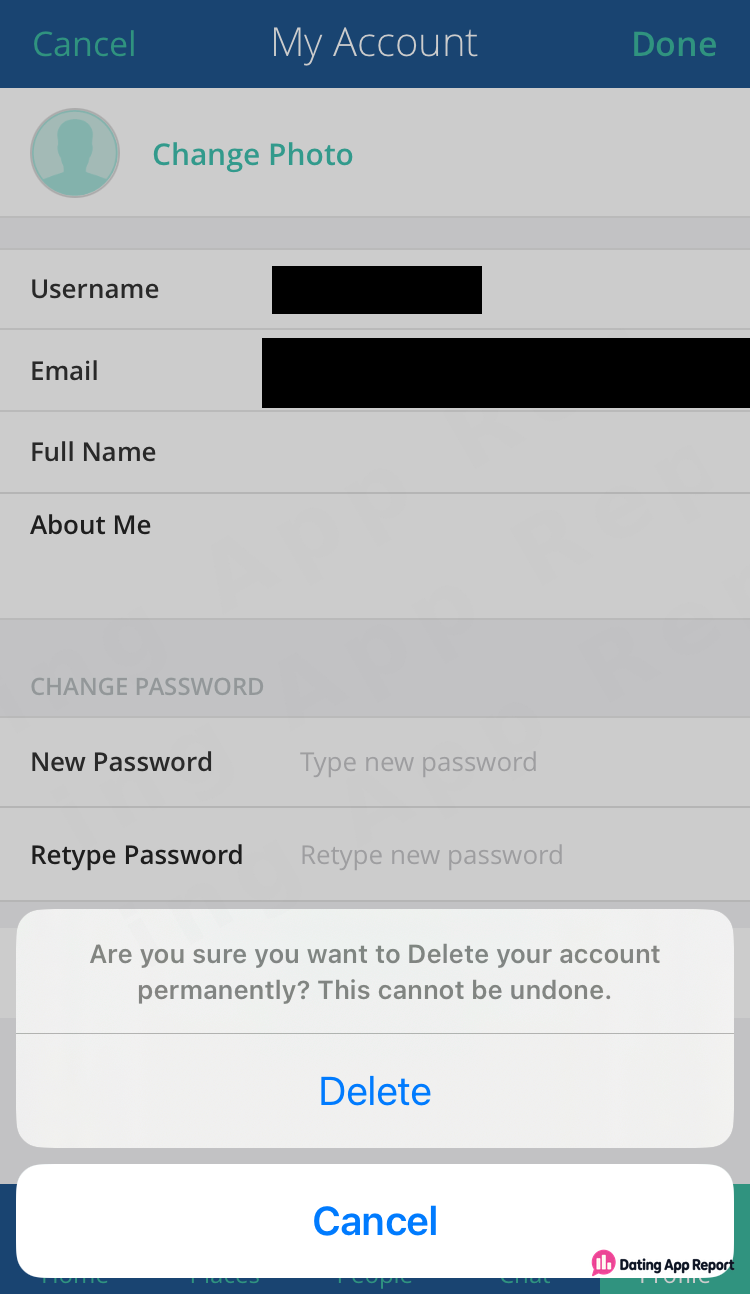 A My Account pop-up asks if you're sure you want to permanently delete your account, warning it can't be undone.