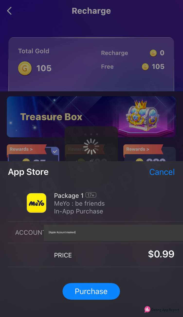 App Store purchase sheet showing Package 1 priced at $0.99.
