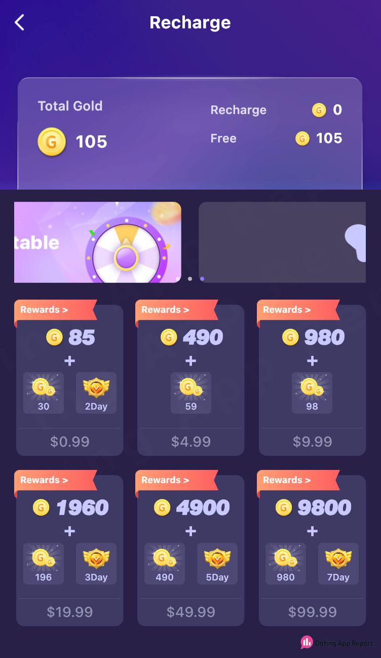 Recharge screen listing six gold packages priced from $0.99 to $99.99.