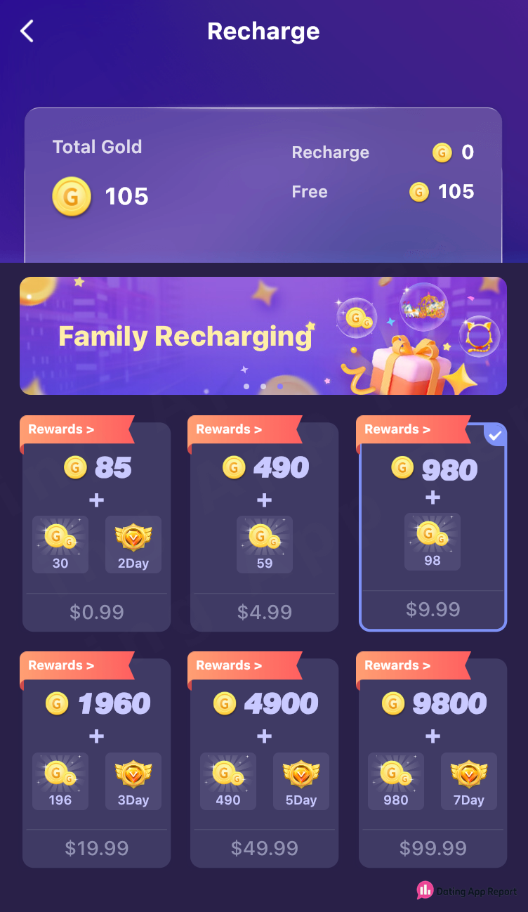 Recharge screen listing six gold packs from $0.99 for 85 gold to $99.99 for 9800 gold, plus bonuses.