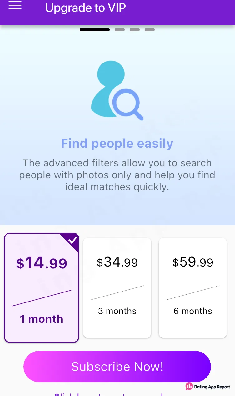 Upgrade to VIP lists $14.99 for 1 month, $34.99 for 3 months, and $59.99 for 6 months.