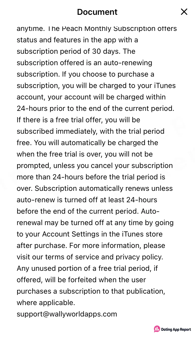 Peach subscription terms: 30-day monthly plan renews automatically and is charged to iTunes unless auto-renew is turned off.