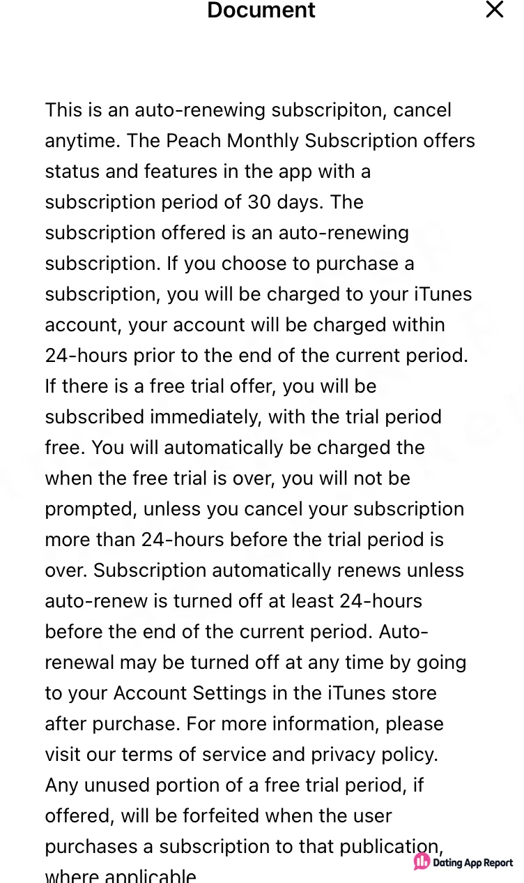 Peach Monthly Subscription terms: 30-day auto-renewing plan billed through iTunes, with cancellation in iTunes settings.