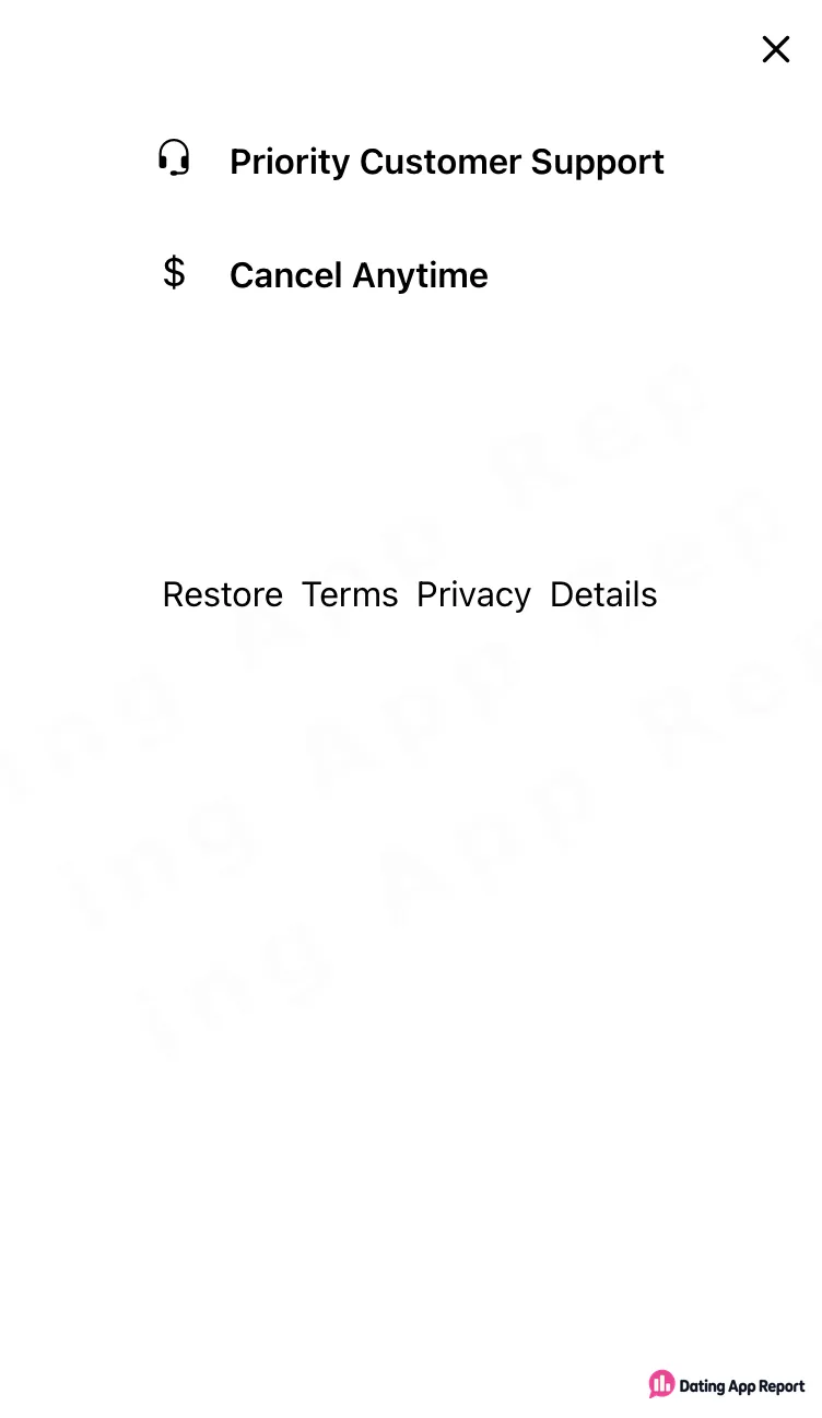 Upgrade screen lists Priority Customer Support and Cancel Anytime, with Restore, Terms, Privacy and Details links; no price shown.