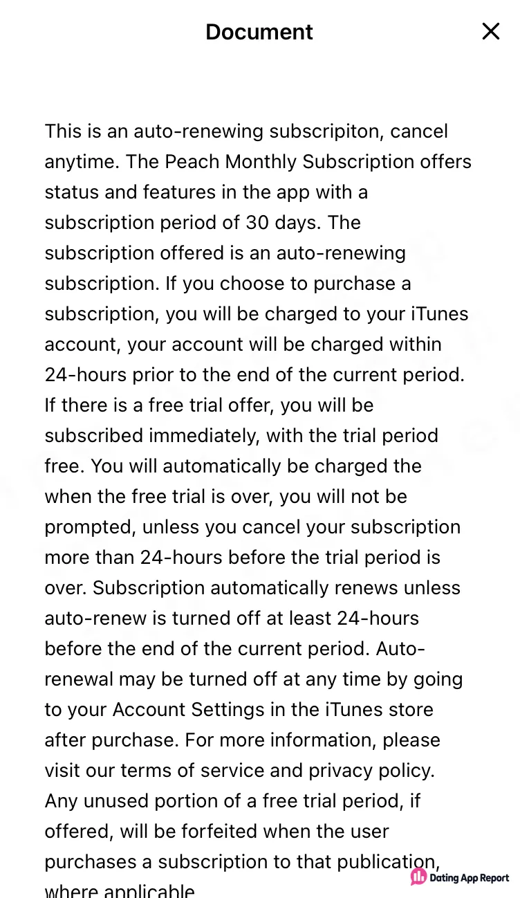 Peach subscription terms: 30-day monthly plan renews automatically through iTunes unless auto-renew is turned off before the period ends.