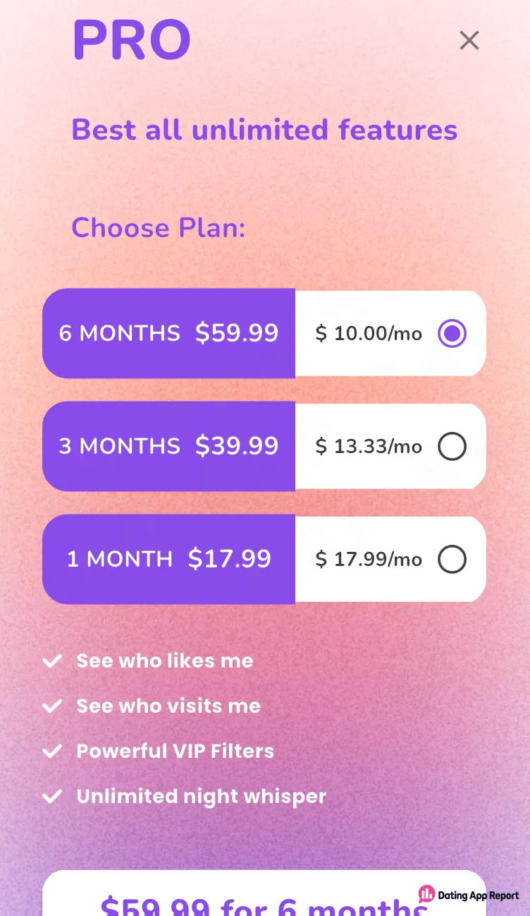 PRO plan options show $59.99 for 6 months, $39.99 for 3 months, and $17.99 for 1 month.