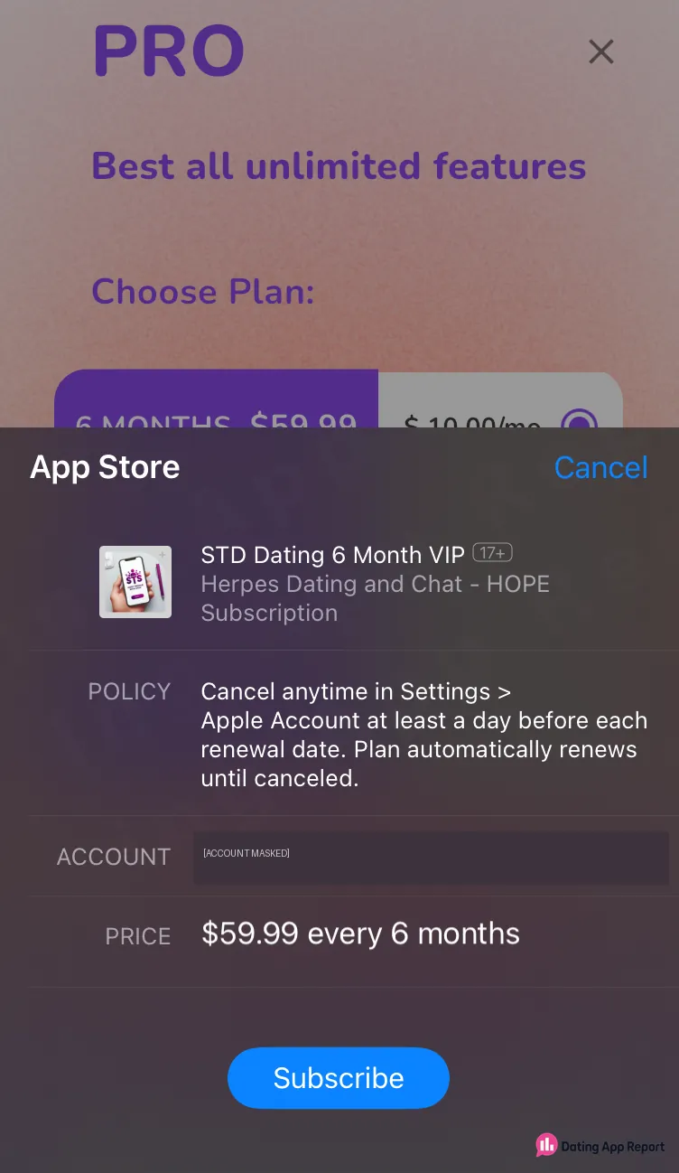 The App Store sheet shows $59.99 every 6 months for the 6 Month VIP subscription.