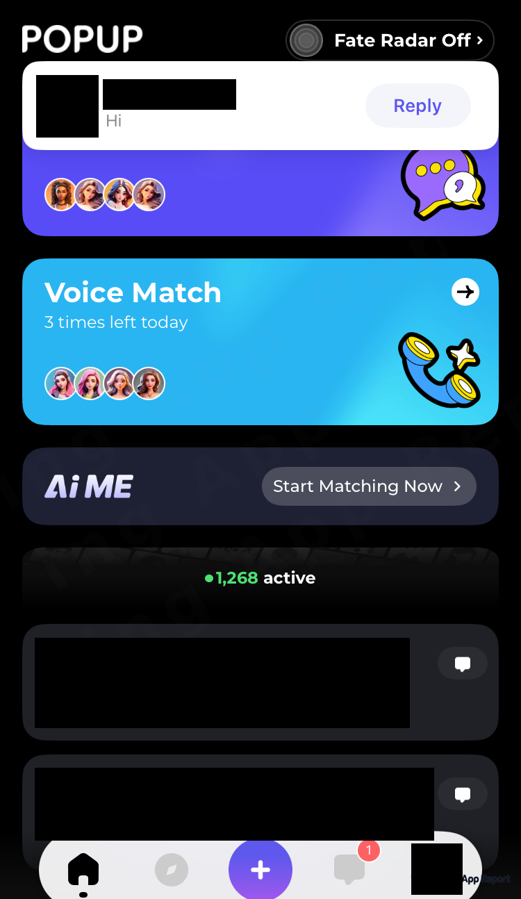 Home screen with "Hi" message pop-up, Reply button, Voice Match "3 times left today," and 1 badge on Messages.