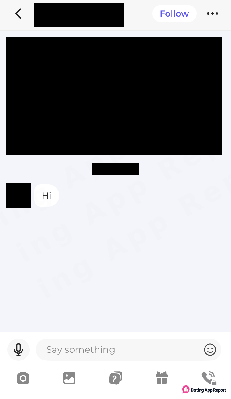 A chat shows a readable "Hi" message, an open "Say something" reply box, and a locked voice-call icon.