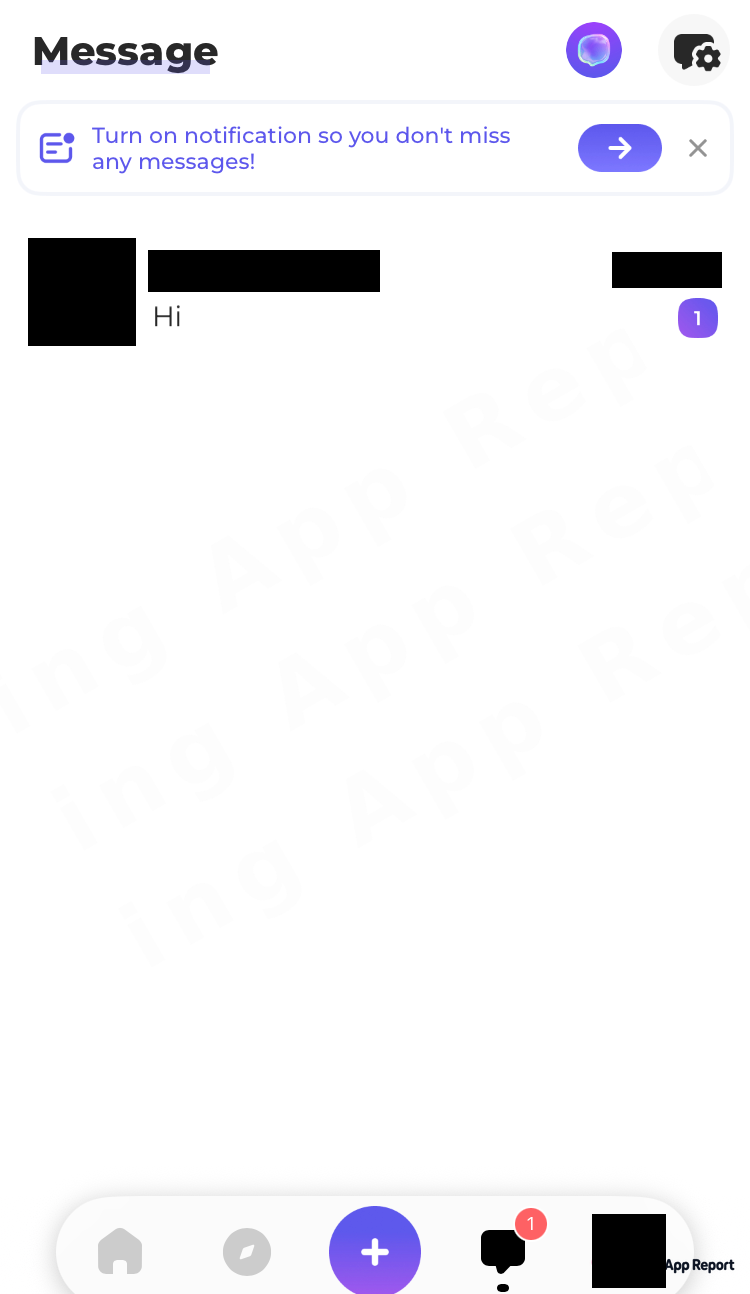 Message tab lists one conversation with a redacted sender whose message reads "Hi," marked with 1 unread.