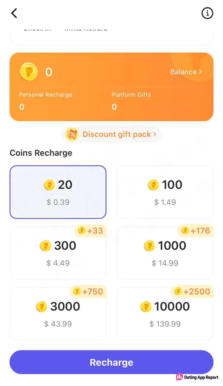 PopUp's coin screen lists six coin packs from 20 coins for $0.39 up to 10,000 coins for $139.99.