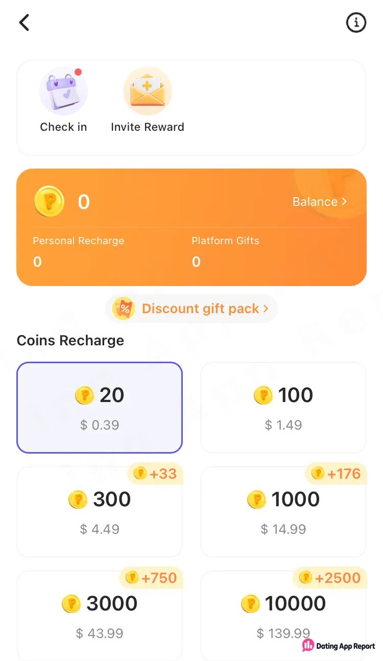 PopUp's coin screen shows a zero balance and six coin packs, from 20 coins for $0.39 to 10,000 for $139.99.