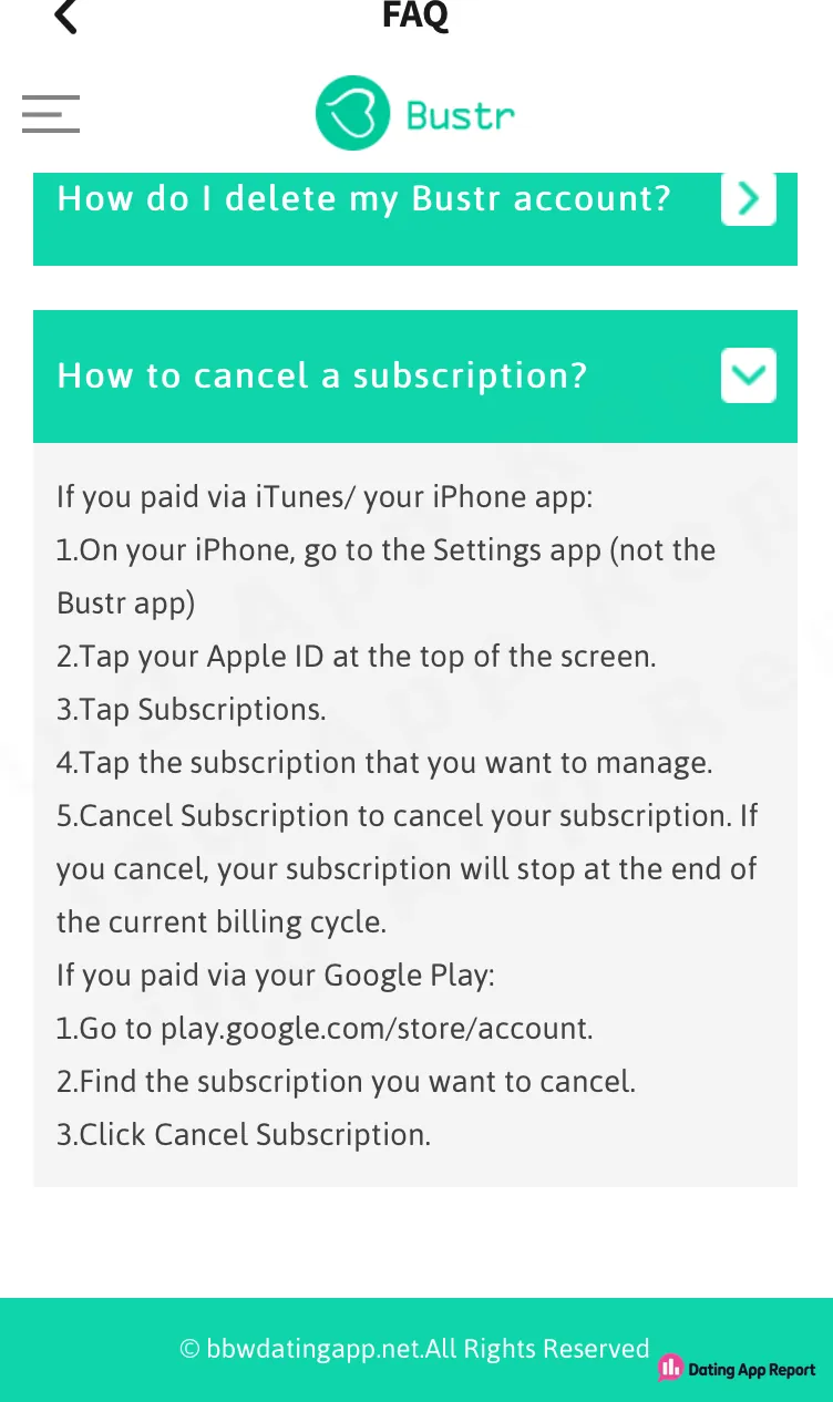 Bustr FAQ says iPhone subscribers cancel in iPhone Settings under Apple ID, then Subscriptions, not in the app.