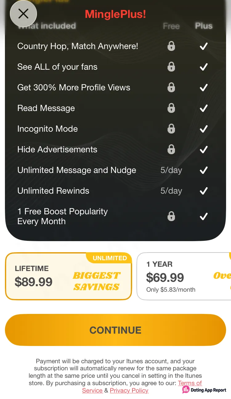 MinglePlus lists lifetime and annual prices with automatic renewal terms below the purchase button.