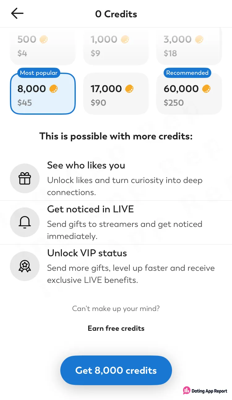 LOVOO credit packs cost $4 for 500 credits up to $250 for 60,000; the 8,000-credit pack for $45 is preselected.