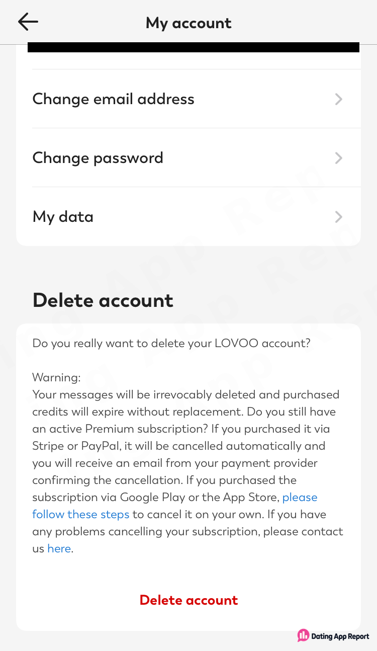 My account screen with a Delete account section warning that messages and purchased credits are lost.