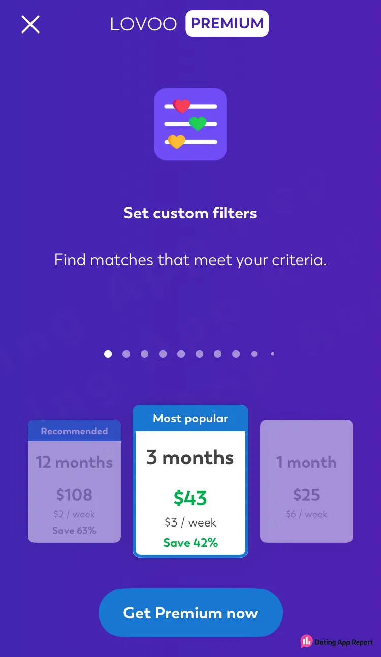 LOVOO Premium "Set custom filters" screen lists plans: 12 months $108, 3 months $43, 1 month $25.