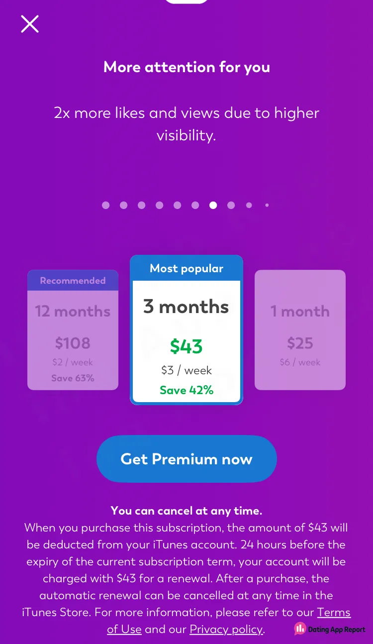 Premium costs $108 for 12 months, $43 for 3 months ("Most popular"), or $25 for 1 month, plus auto-renewal terms.