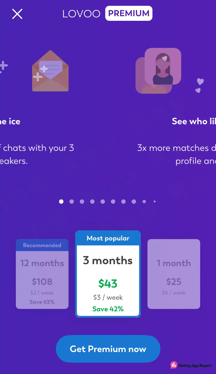 LOVOO Premium plans: 12 months $108, 3 months $43 highlighted as most popular, 1 month $25.