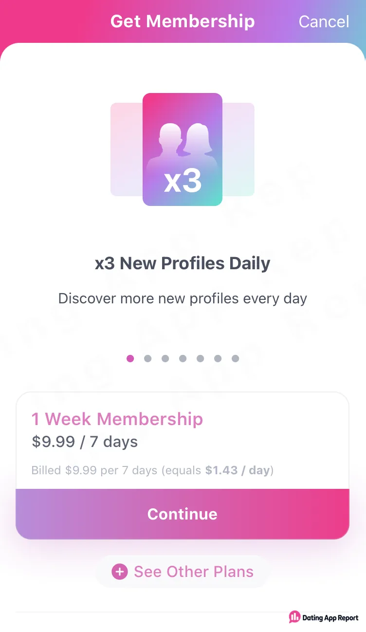 Get Membership screen listing a 1 Week Membership at $9.99 per 7 days.