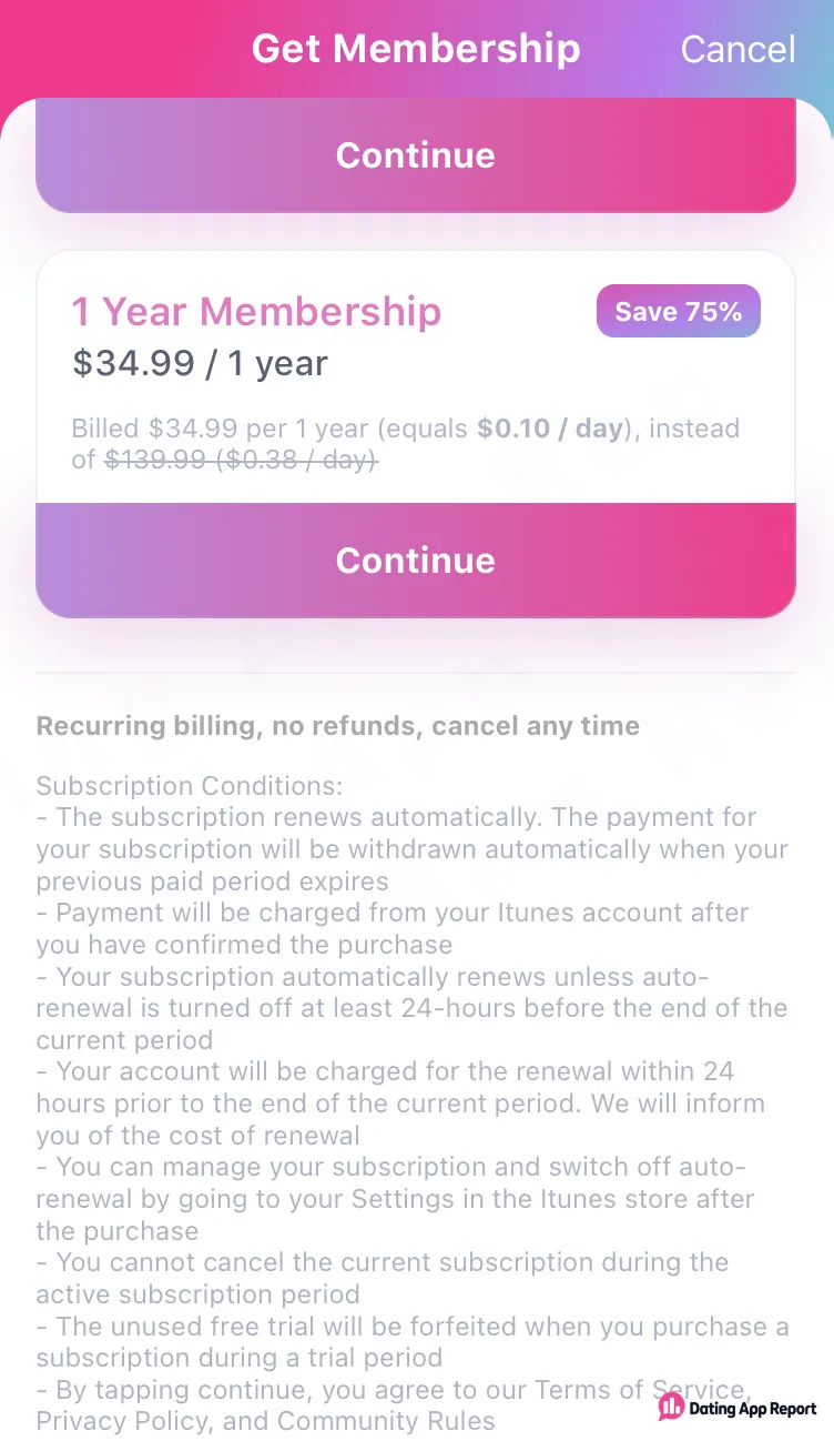 Fantasy's 1-year membership for $34.99, marked auto-renewing, with no refunds and no cancellation mid-period.