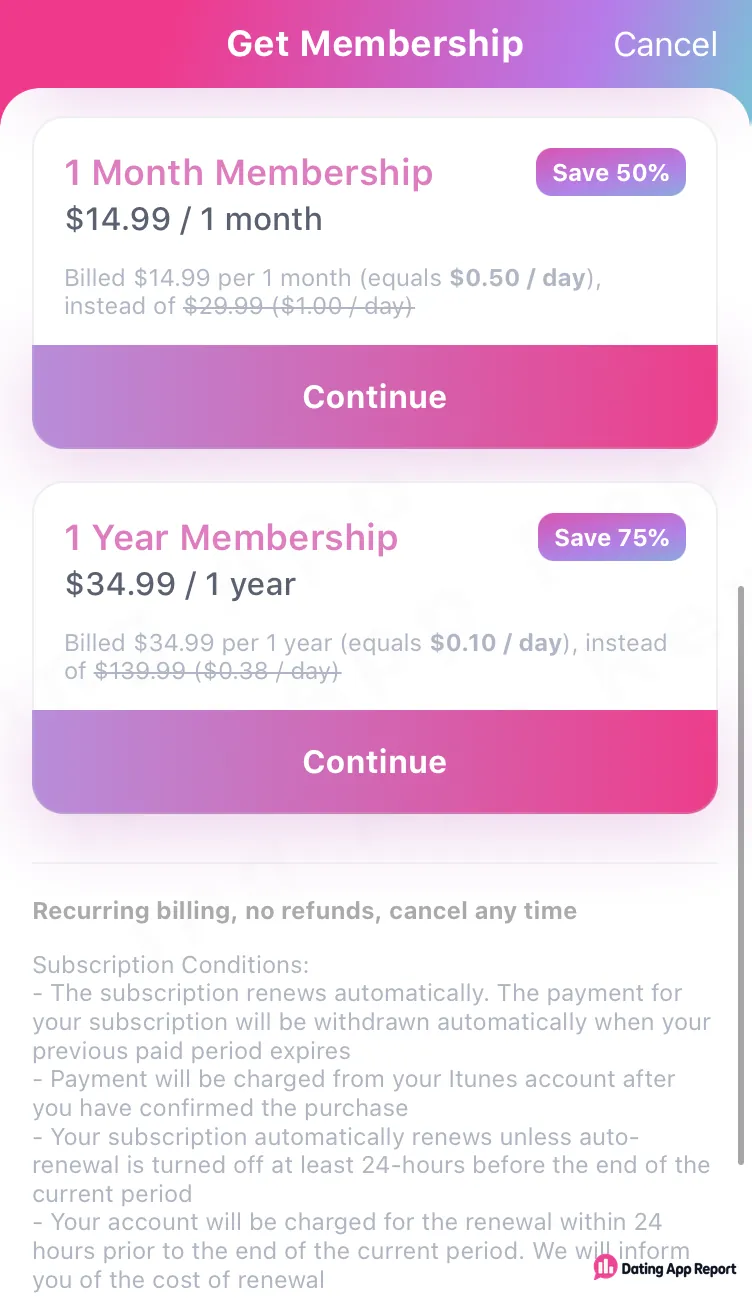Get Membership screen listing a 1 Month Membership at $14.99 per month.