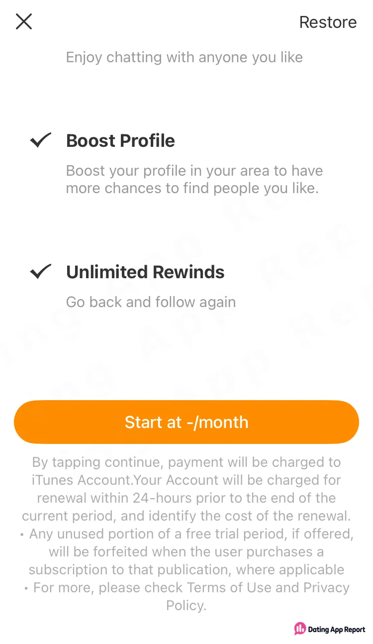 Upgrade screen lists Boost Profile and Unlimited Rewinds, a "Start at -/month" button, and fine-print renewal and free-trial terms.