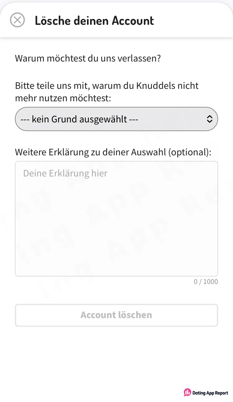 Knuddels delete-account form asks why you're leaving, with a reason drop-down, optional explanation box and greyed-out delete button.
