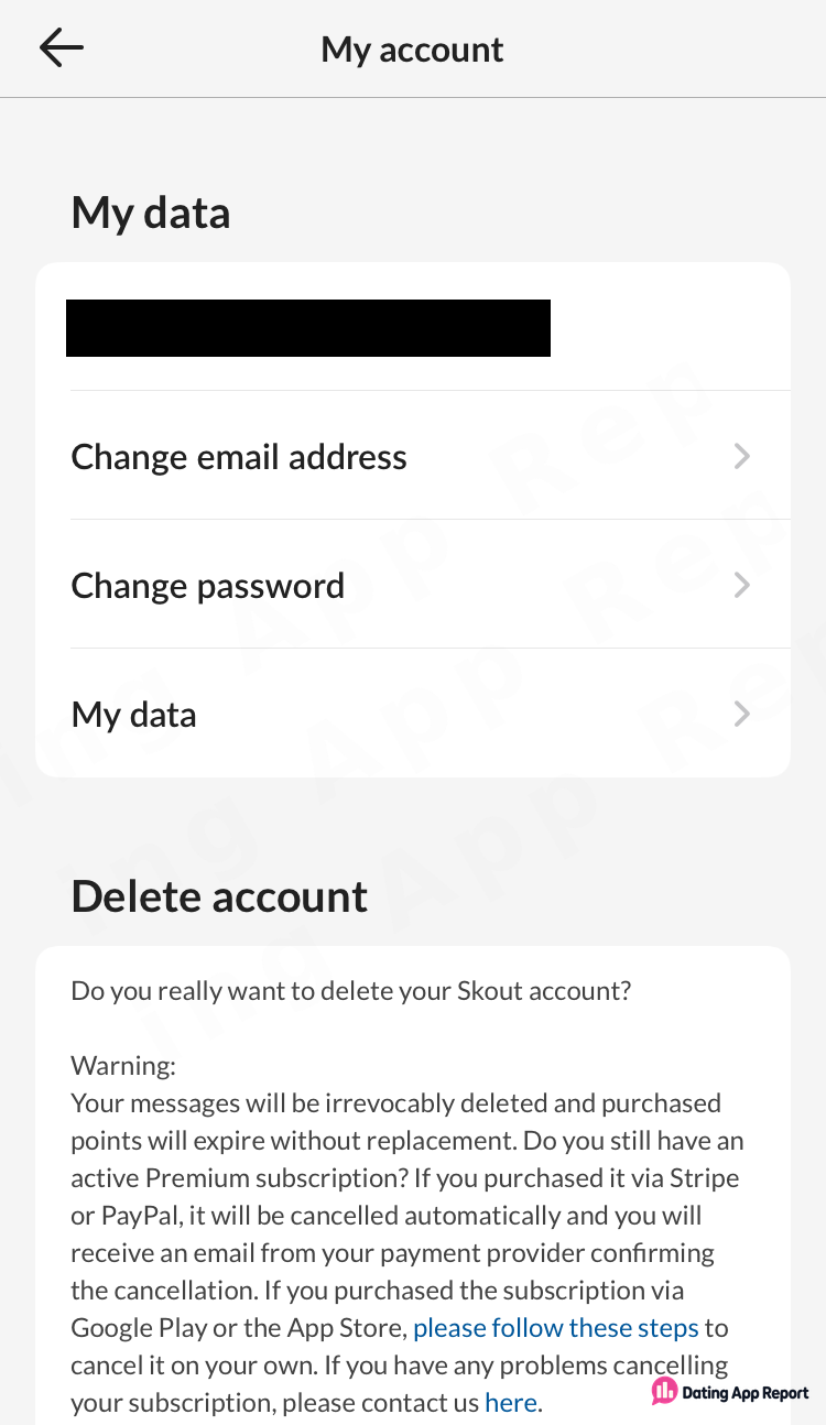 Skout's Delete account warning: messages are erased, purchased points expire, and App Store or Google Play subscriptions need canceling yourself.