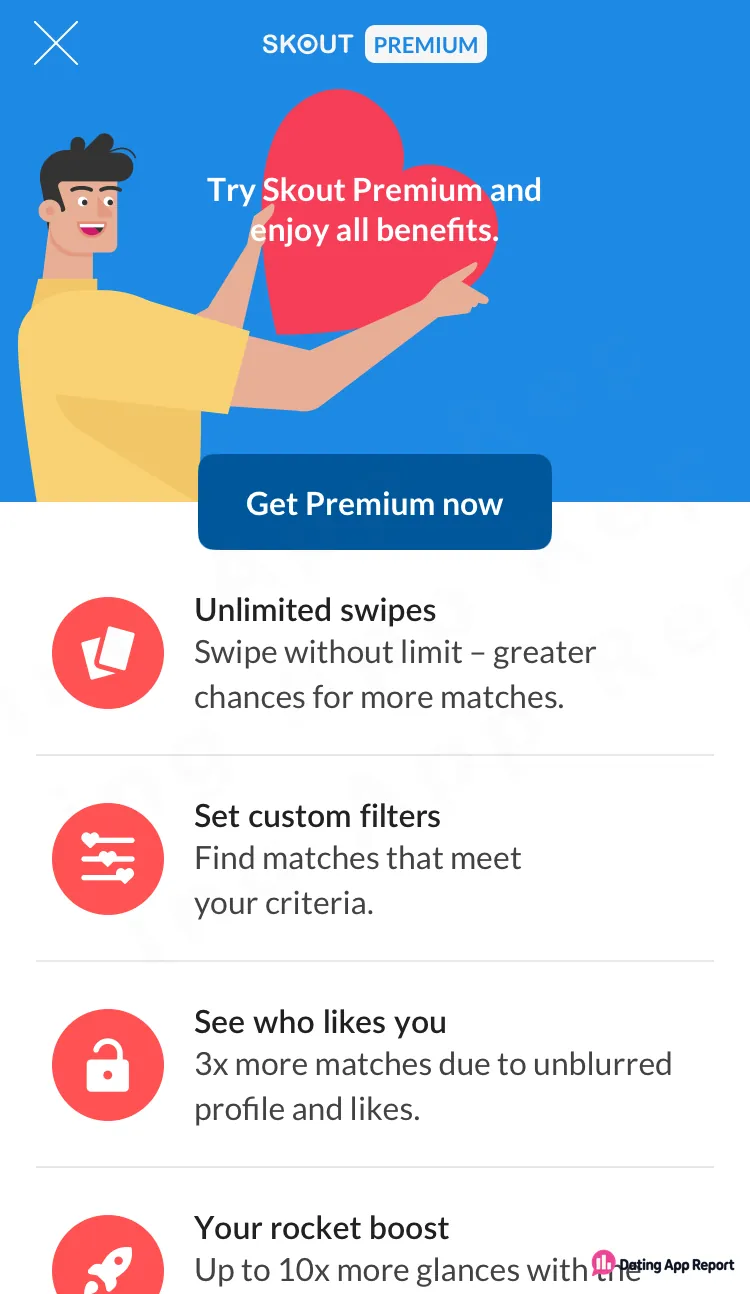 Skout Premium page lists unlimited swipes, custom filters, seeing who likes you unblurred, and rocket boost. No prices shown.