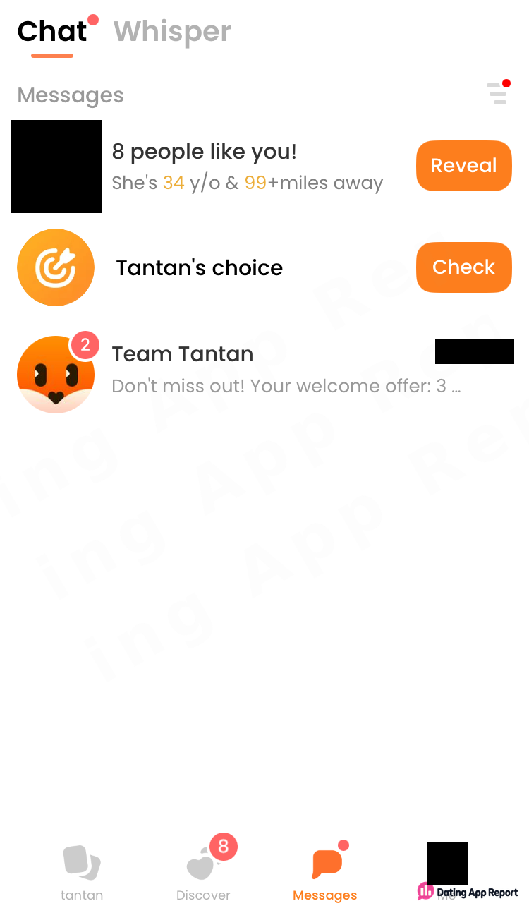 Chat list shows "8 people like you!" with a Reveal button, Tantan's choice, and Team Tantan with 2 unread.