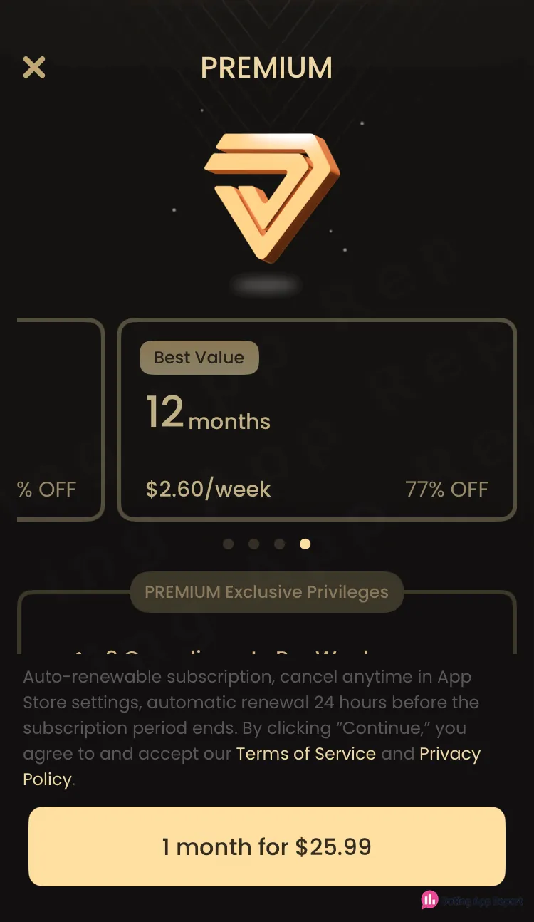 Premium screen shows a 12-month card at $2.60/week, an auto-renewal note, and a "1 month for $25.99" button.