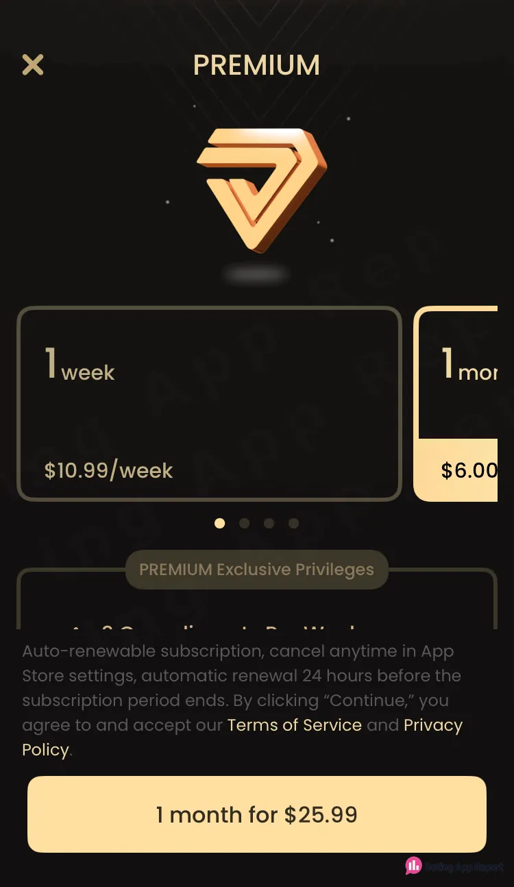 Premium plan screen shows 1 week at $10.99/week, a 1 month for $25.99 button, and auto-renewal terms.