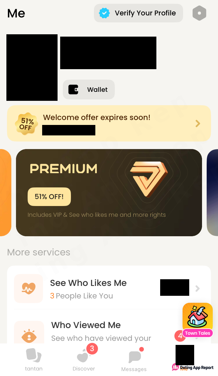 Tantan's Me tab lists 3 People Like You under See Who Likes Me, with a 51% off Premium card.