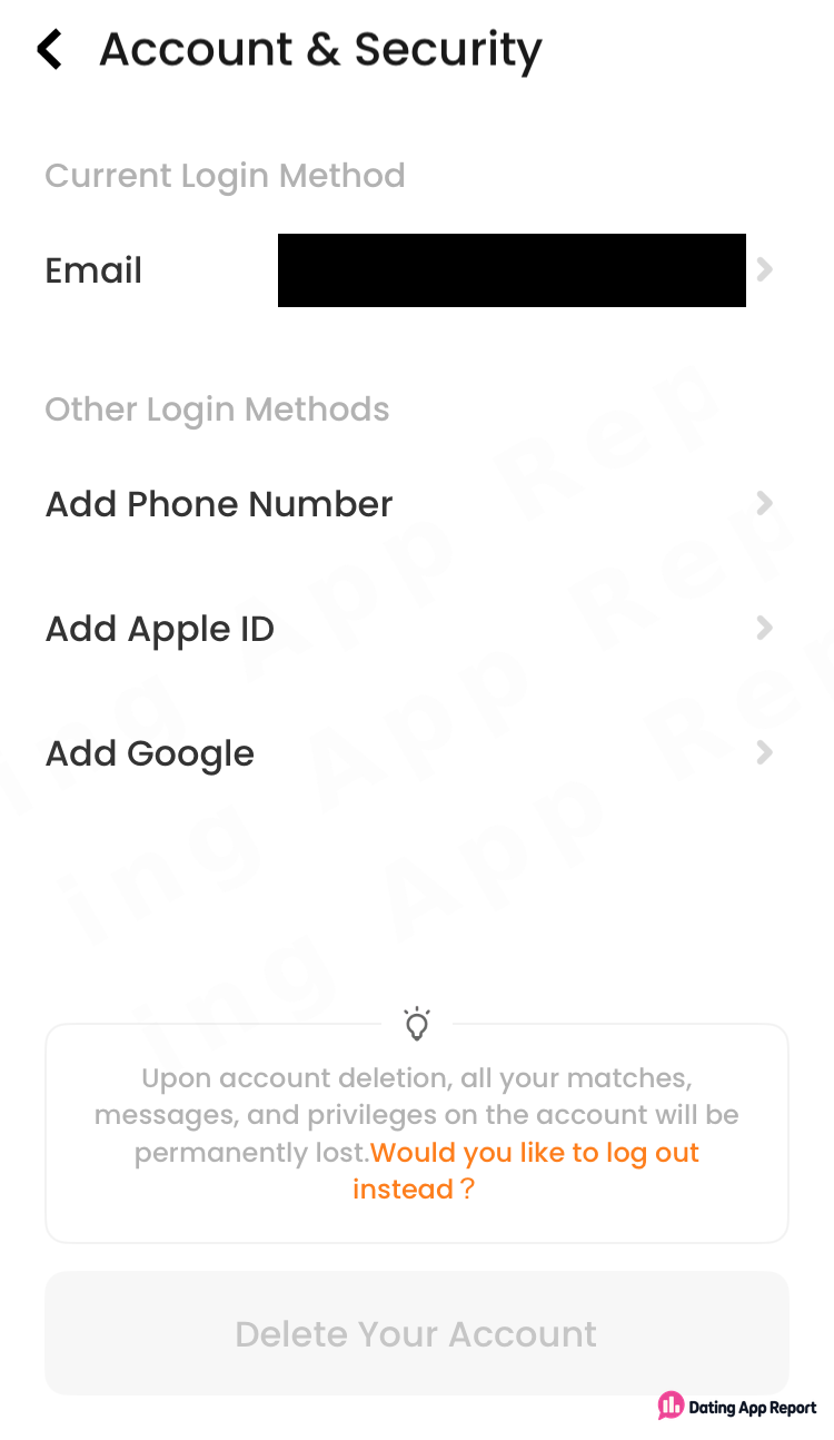 Account & Security screen warns that deleting your account permanently loses matches and messages, above a Delete Your Account button.