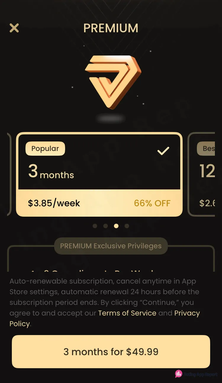 Premium screen with the 3-month plan selected at $3.85/week, 66% OFF, $49.99 total, plus auto-renewal wording.