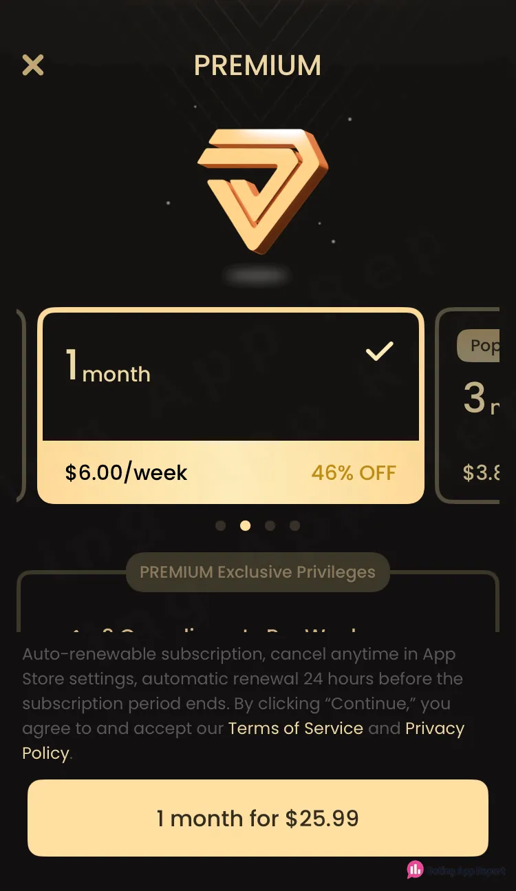 Premium screen with 1 month selected at $6.00/week, 46% OFF, a $25.99 button, and auto-renewal wording.