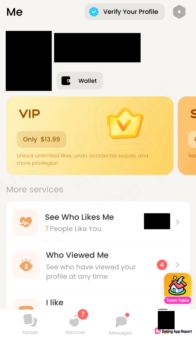 Me tab shows 7 People Like You, a Who Viewed Me badge of 4, and a $13.99 VIP card.