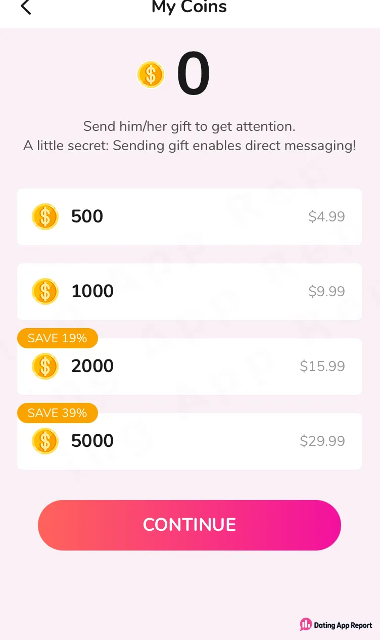 Coin packages range from 500 coins for $4.99 to 5,000 coins for $29.99.
