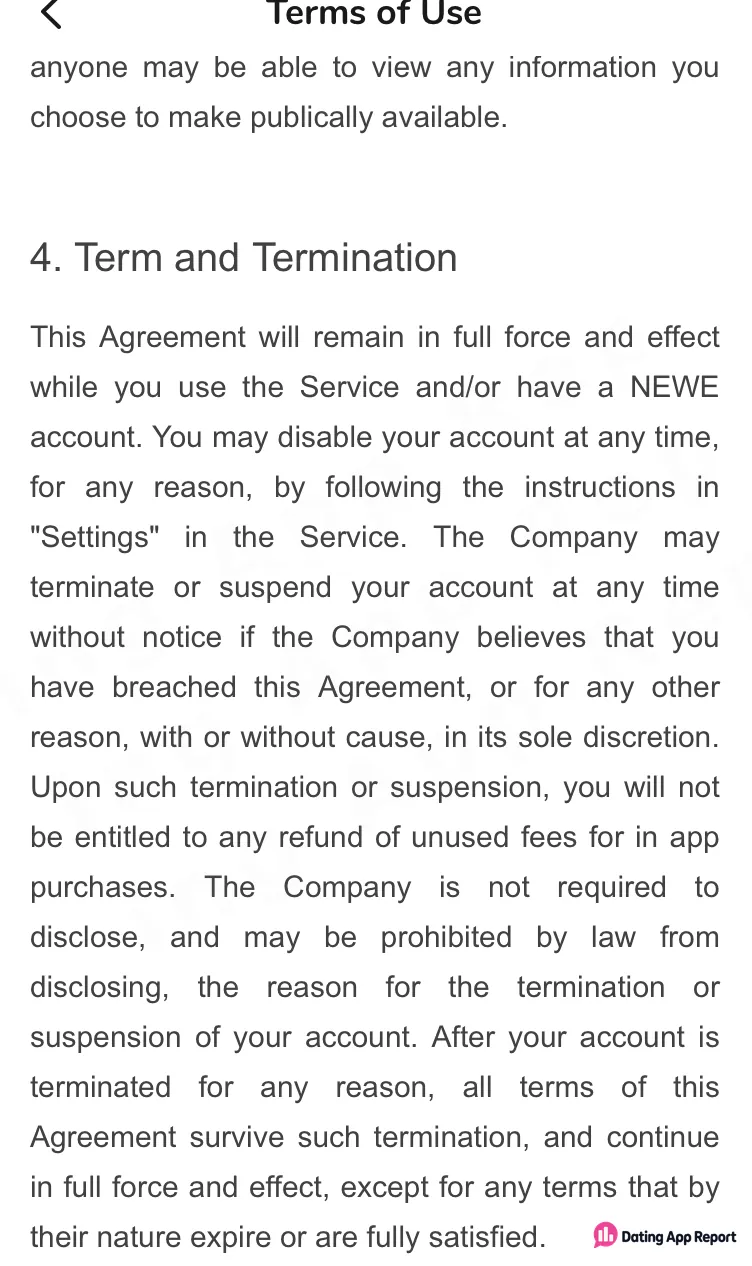 Newe Terms of Use, section 4: the company may suspend accounts without notice, with no refund of unused in-app purchases.