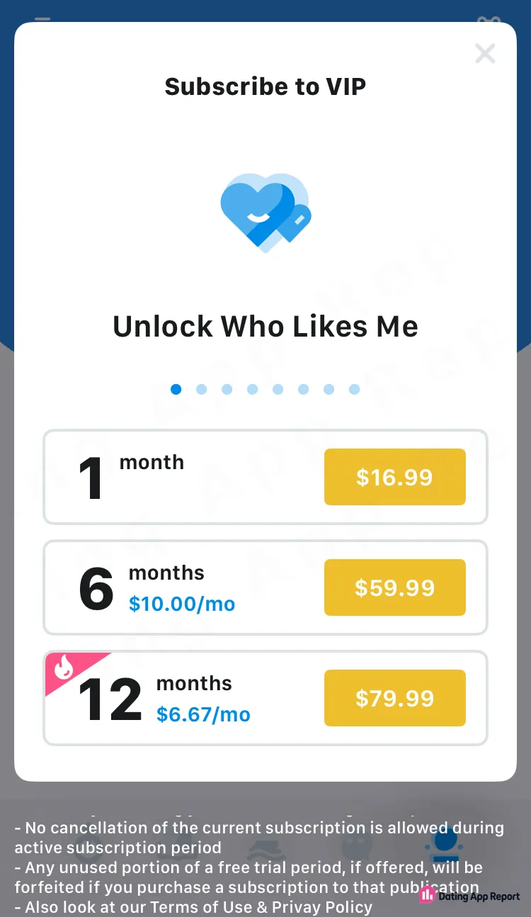 VIP plan screen lists prices and states current subscriptions cannot be canceled during the active period.