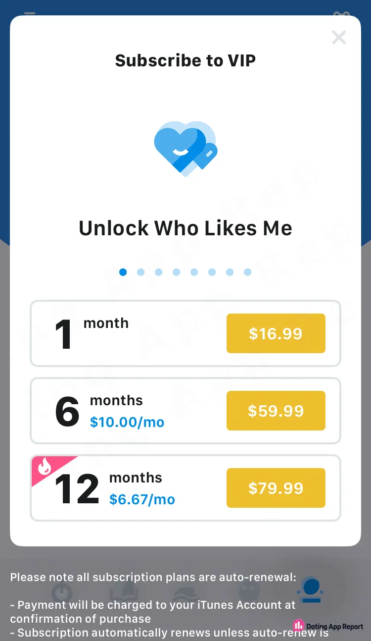 VIP subscription screen lists one, six, and twelve-month plans with prices and auto-renewal terms.