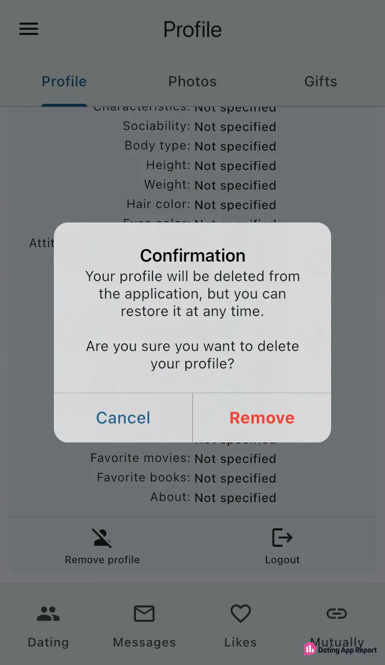 After you tap "Remove profile," a confirmation box says your profile will be deleted but can be restored any time.