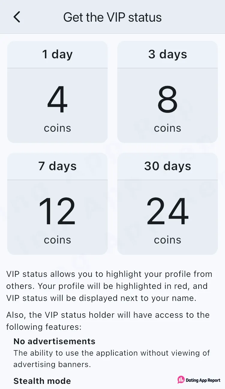VIP status costs 4 coins for 1 day, 8 for 3 days, 12 for 7 days, 24 for 30 days.