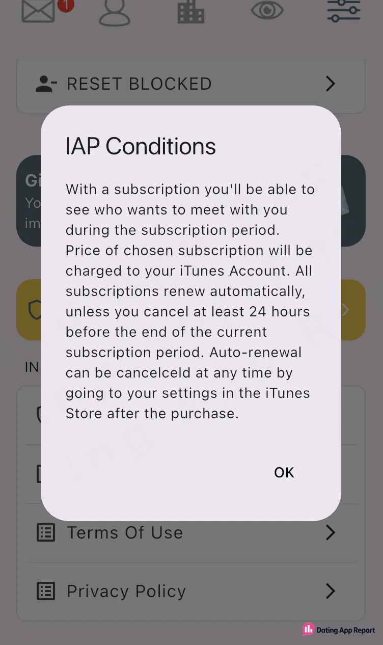 The IAP Conditions state that subscriptions renew automatically unless canceled at least 24 hours before the current subscription period ends.