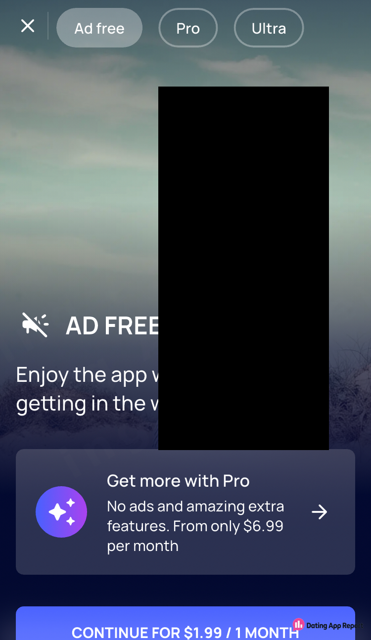 Ad free plan tab offering $1.99 for 1 month, with Pro promoted from $6.99 per month; part redacted.