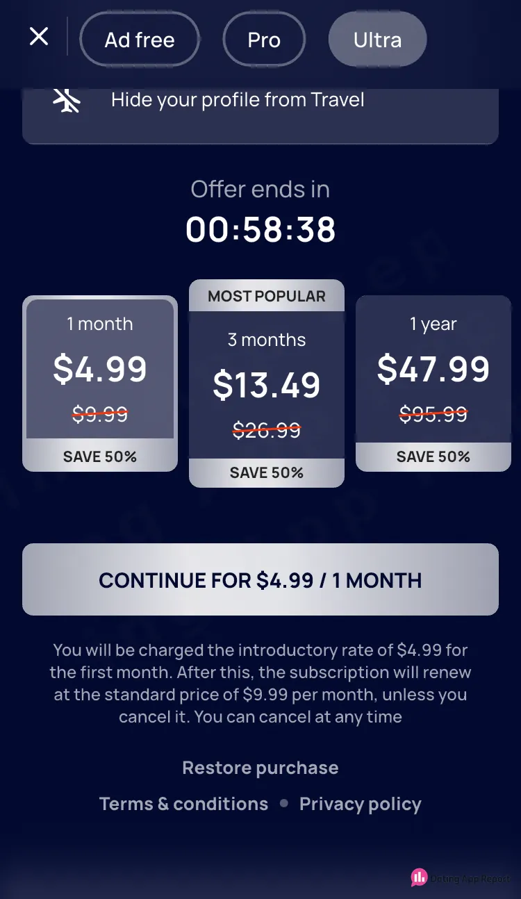 Countdown-timed Wapo Ultra plans cost $4.99 for 1 month, $13.49 for 3 months, $47.99 a year, each "SAVE 50%."